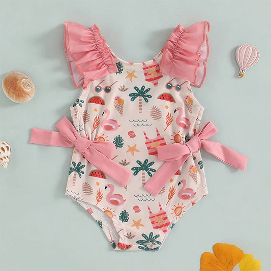 Swimwear -  Shell/Bow Print Bowknot Swimwear Ruffle Sleeveless