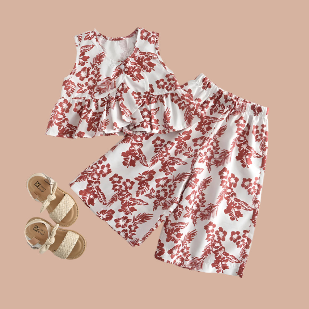 Clothing for Girls - Retro Floral Tops and Wide-legged Pants Set