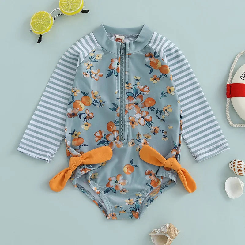 Swimwear - Floral Print Stripe Long Sleeve Zipper