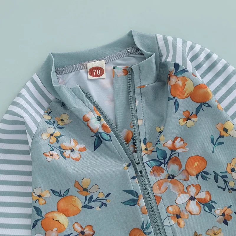 Swimwear - Floral Print Stripe Long Sleeve Zipper