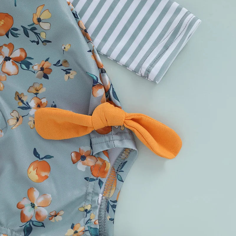 Swimwear - Floral Print Stripe Long Sleeve Zipper