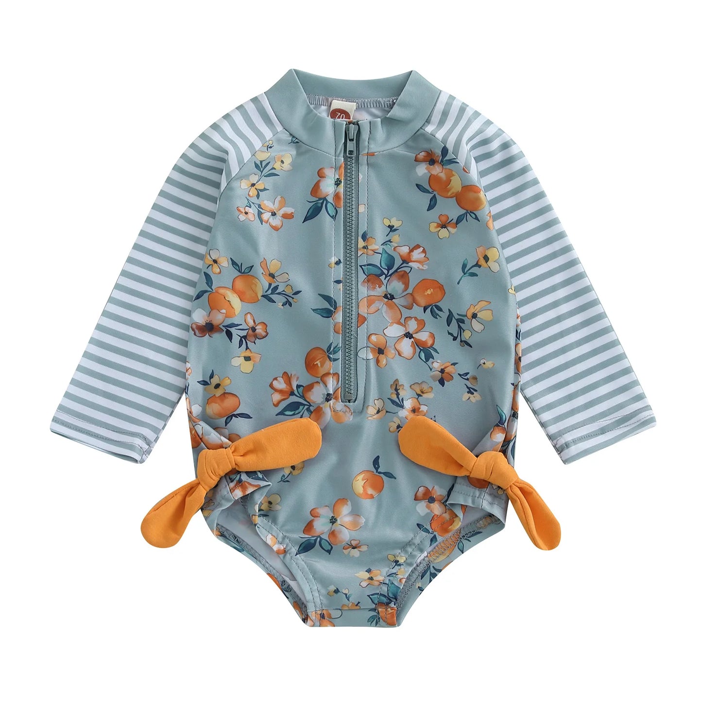 Swimwear - Floral Print Stripe Long Sleeve Zipper