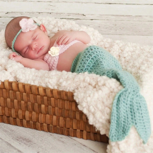 Photography Props - Knitted Mermaid Tail Costume + Flower Hairband Set