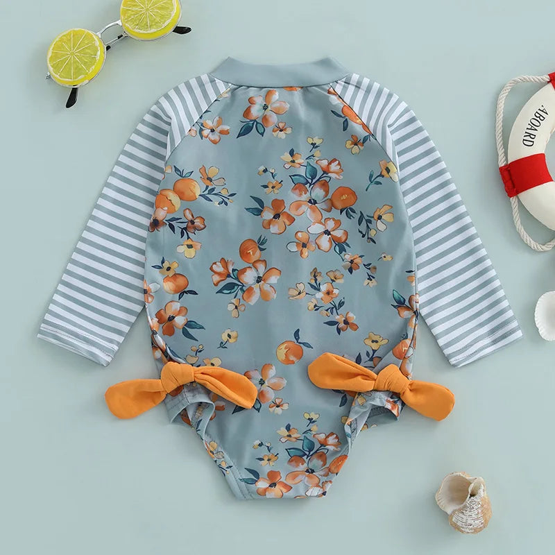 Swimwear - Floral Print Stripe Long Sleeve Zipper