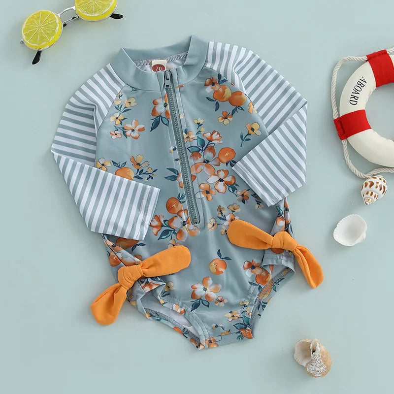 Swimwear - Floral Print Stripe Long Sleeve Zipper